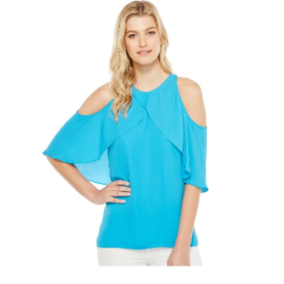 💕 NWT Vince Camuto Womens M Blue Chiffon Cross-over Cold Shoulder Blouse Top - Picture 1 of 3